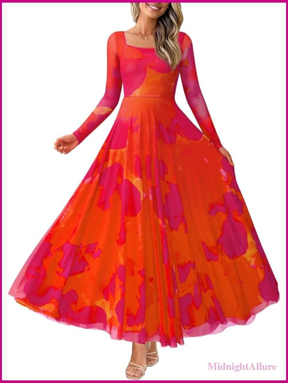 Elegant Long Sleeve Maxi Dress Flowy Square Neck A-Line